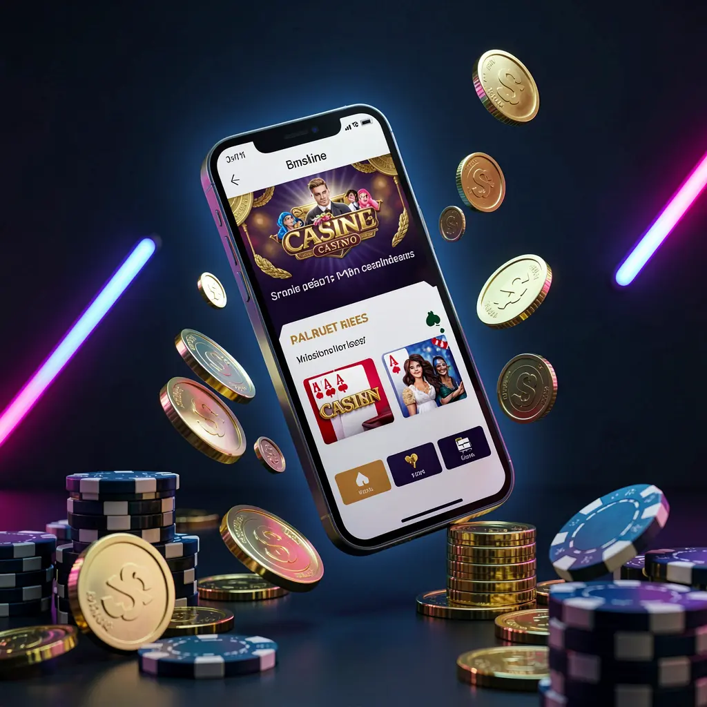 TOPOO3 online casino app promotion banner showing a phone floating above golden coins and poker chips with a dark blue and black background and cinematic neon glow in a realistic 3D render