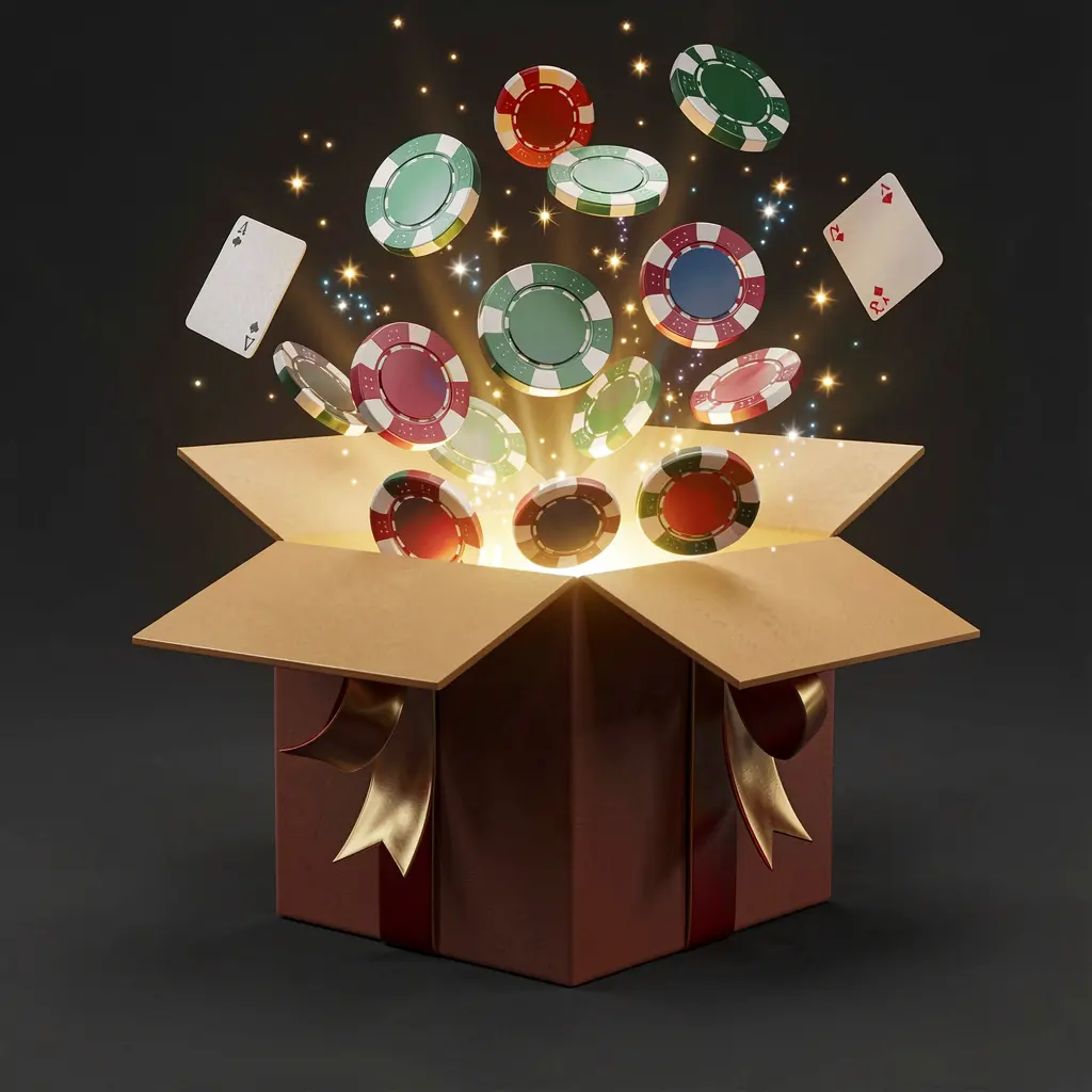 Realistic 3D render of free casino chips bursting out of a glowing gift box with magical sparkles on a dark premium background, representing TOPOO3 no deposit bonus