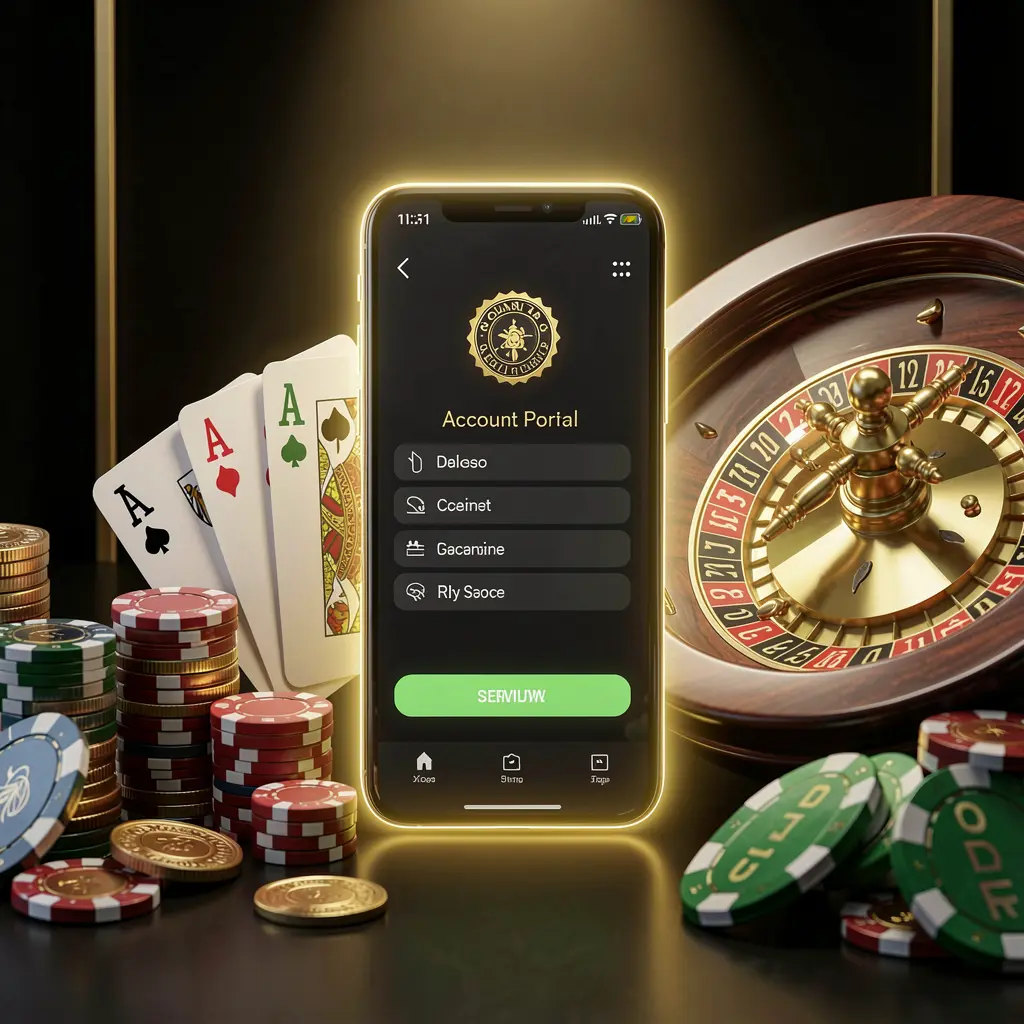 TOPOO3 online casino account portal featuring a glowing smartphone, premium cards, chips, roulette wheel, and coins against a black and gold background with cinematic lighting in a realistic 3D render