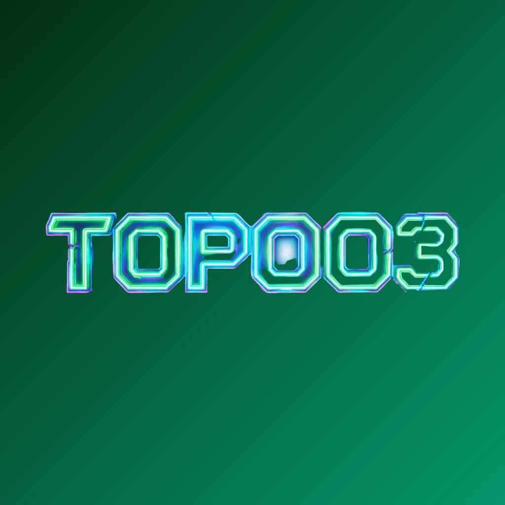 Futuristic neon TOPOO3 logo with thick angular typography glowing in vivid green, blue, and purple, featuring sharp tech-inspired details on a transparent background, designed as a wide horizontal rectangular wordmark for a website header.