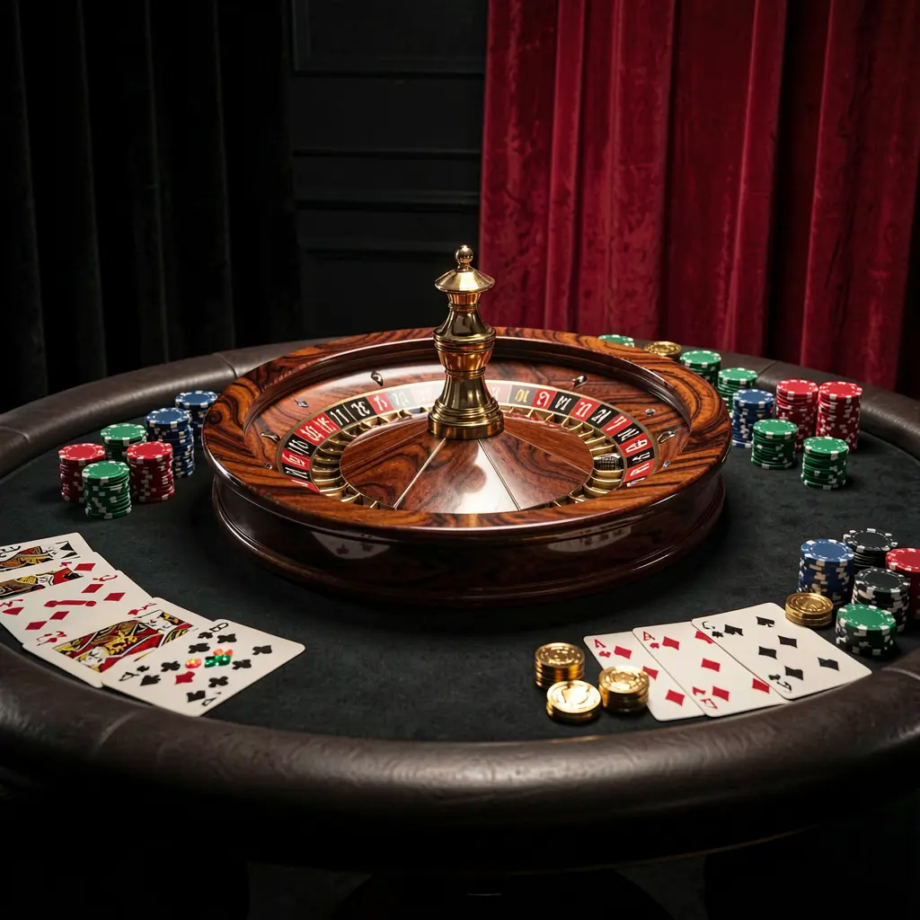 Elegant gaming table with roulette, blackjack cards, poker chips, and coins under luxury cinematic lighting on a black and red background, showcasing TOPOO3's online casino platform for responsible gaming in the Philippines